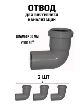 Отвод для внутренней канализации 50*90⁰ (3 шт набор)