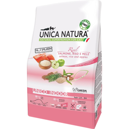 Корм для кошек «Unica» Natura Indoor, 2818, лосось, рис и яблоко, 1.5 кг