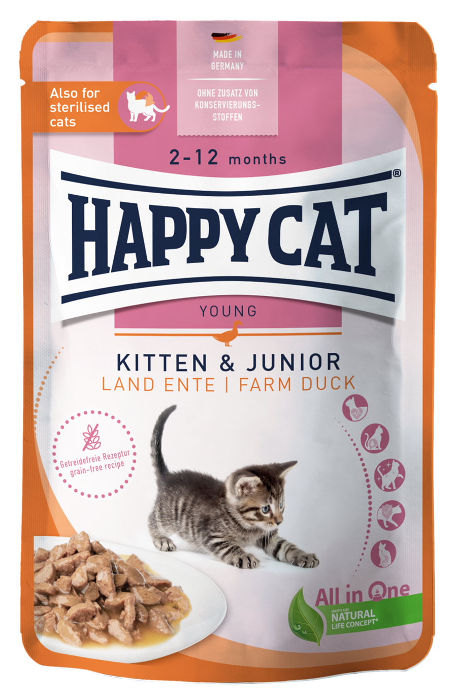 Влажный корм для котят Happy Cat мясные кусочки в соусе с уткой (20 шт. х 85 гр)