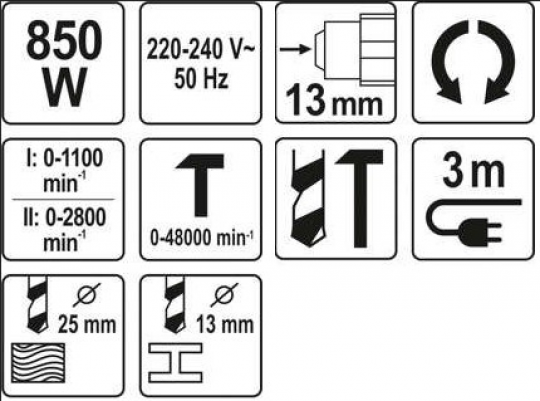 Дрель ударная 850Вт. 2 скорости YATO (арт. YT-82037)