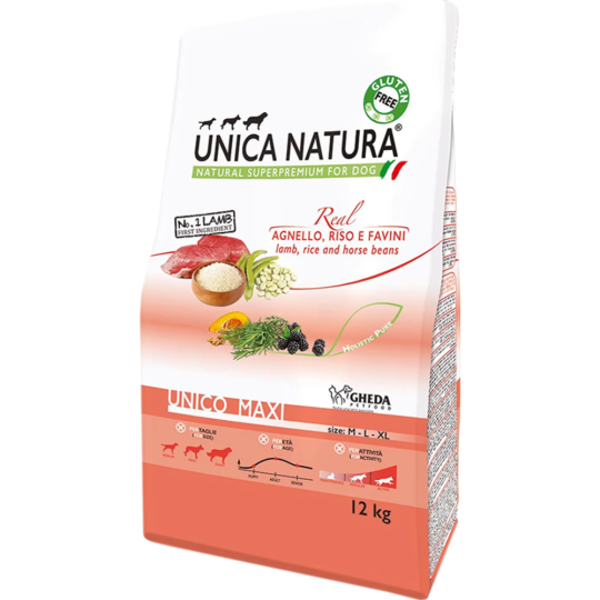 Корм для собак «Unica» Natura, 2806, для собак крупных пород, ягненок, рис и бобы, 12 кг