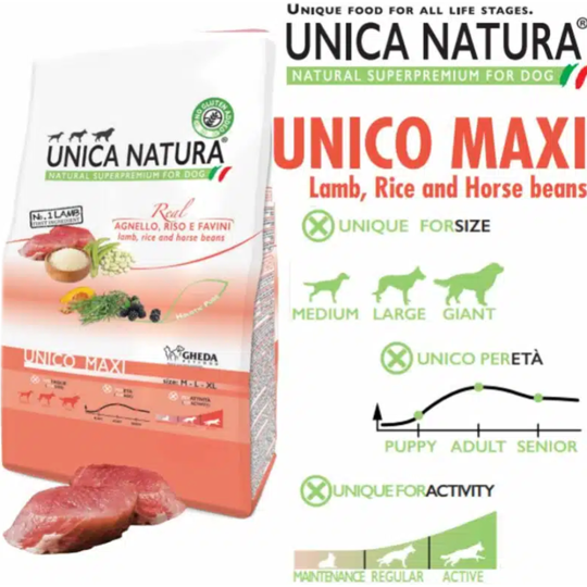 Корм для собак «Unica» Natura, 2806, для собак крупных пород, ягненок, рис и бобы, 12 кг