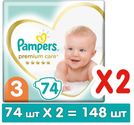 Pampers Premium Care 3  Midi   6-10 кг  подгузники, Россия, 74 шт х 2 уп    { 04651 }