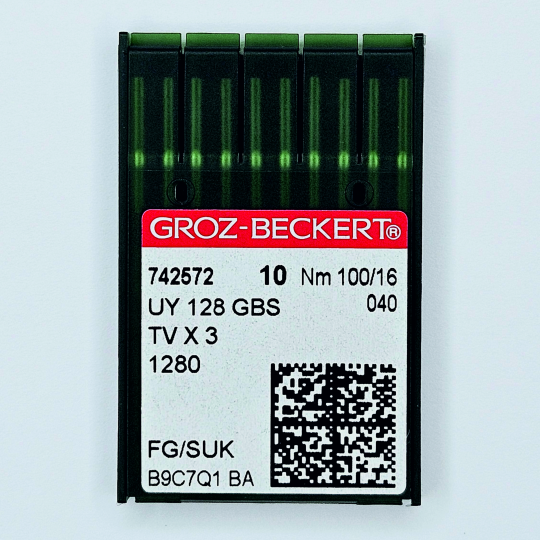 Иглы Groz-Beckert / Гроз-Бекерт UYx128 GBS № 100 SUK. Толстая колба. Для распошивальной швейной машины.