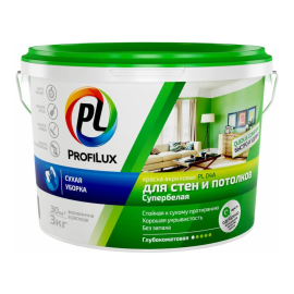 Супербелая акриловая краска для потолка, для стен Profilux, акриловая, сухая уборка, глубокоматовая, 3 кг