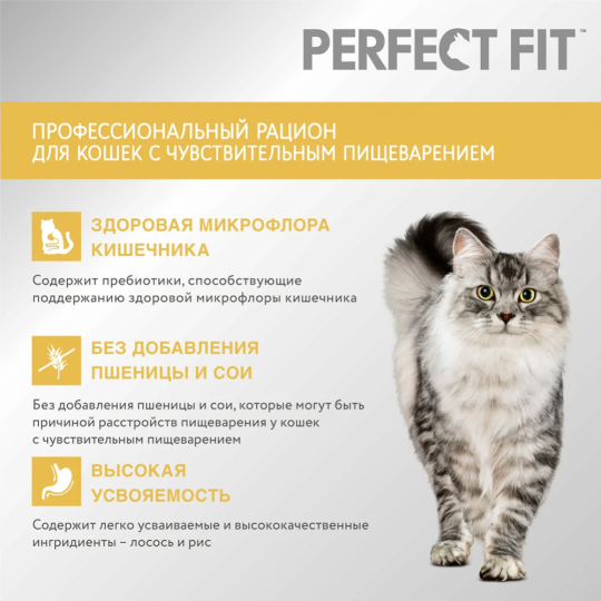 Корм для кошек «Perfect Fit» с чувствительным пищеварением, лосось, 650 г