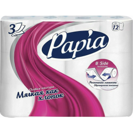 Туалетная бумага «Papia» белый, 3 слоя, 12 рулонов