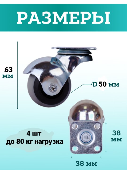 Колесо мебельное прорезиненное Spain D-50 GTV,без тормоза, 4шт