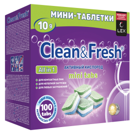 Таблетки для посудомоечных машин 100 шт., Clean&Fresh All in 1 Mini Tabs (эконом)