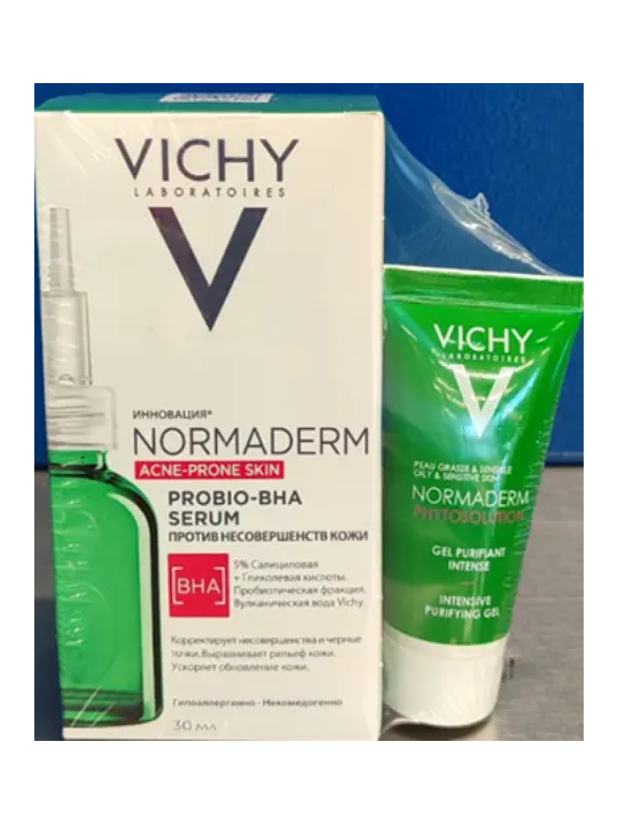 Набор VICHY NORMADERM Сыворотка обновляющая, пробиотическая против несовершенств кожи, 30мл + Гель для умывания очищающий Phytosolution, 15мл