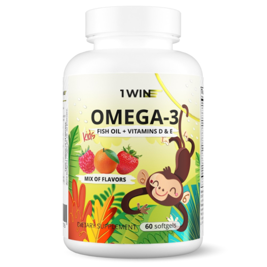 1WIN / МИКС Omega-3 Kids+Vitamins D&amp;E. Вкус: клубника, малина, апельсин, 60 капсул