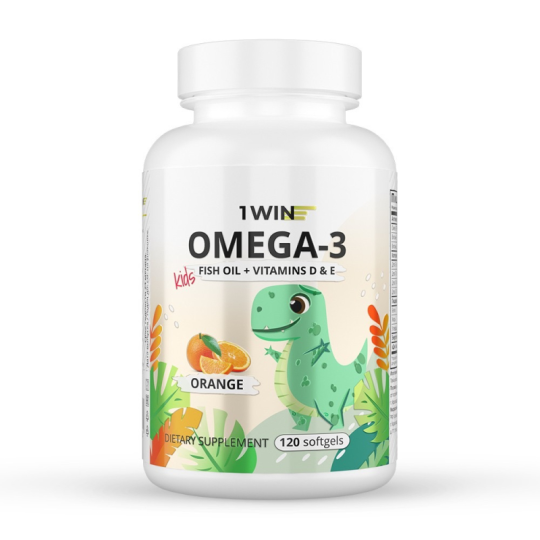 1WIN /Omega-3 Kids + Vitamins D &amp; E, Детская Омега-3, вкус апельсин, 120 капсул