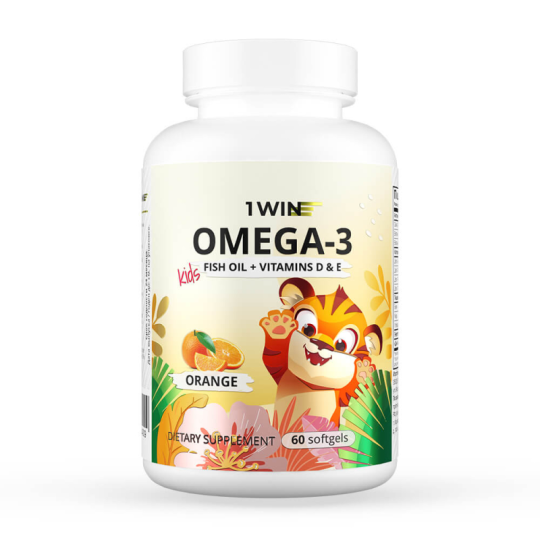 1WIN /Omega-3 Kids + Vitamins D &amp; E, Детская Омега-3, вкус апельсин, 60 капсул