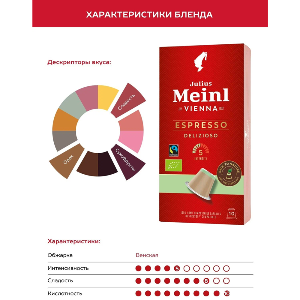 Кофе в капсулах «Julius Meinl» Inspresso Biodegradable Espresso Delizioso Bio, 10х5.6 г