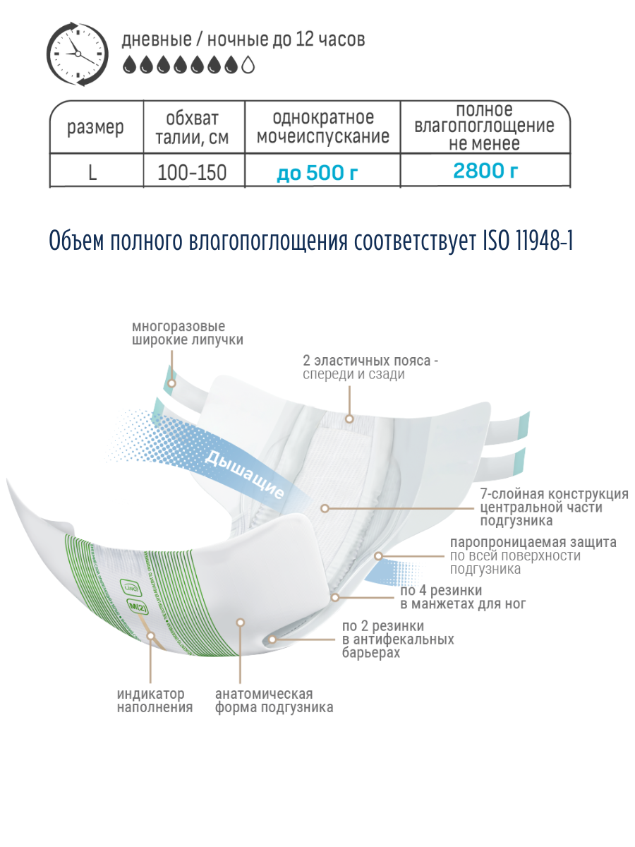 Подгузники для взрослых «LINO», размер L, 40шт, влагопоглощение 2800 мл (2 упаковки по 20 штук)