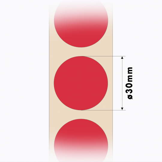 Набор 10 рулонов круглых самоклеящихся наклеек D30 мм., цвет красный.