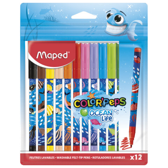 Фломастеры MAPED COLOR'PEPS "Ocean Life", 12 цветов, смываемые, вентилируемый колпачок