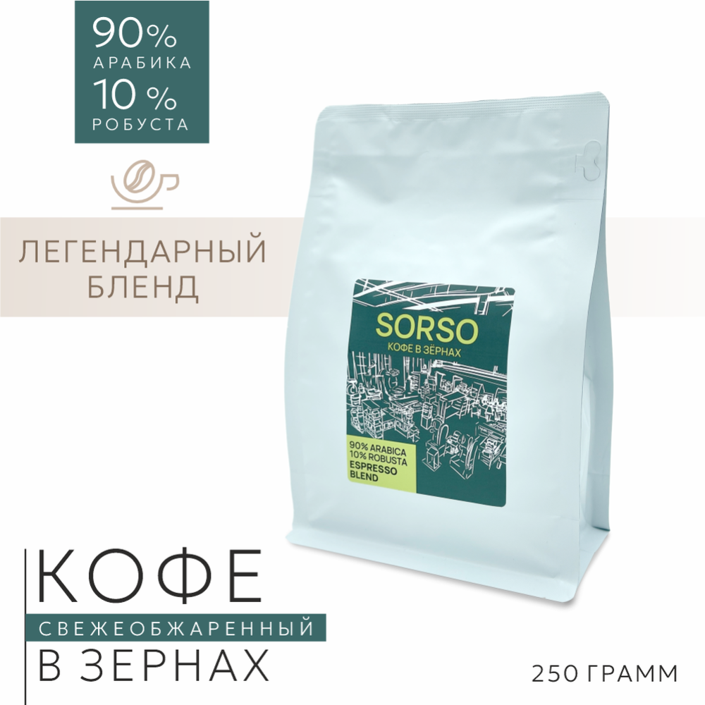 Кофе натуральный жареный в зернах «Espresso Blend Sorso 90% Арабика 10% Робуста» 250 г #0