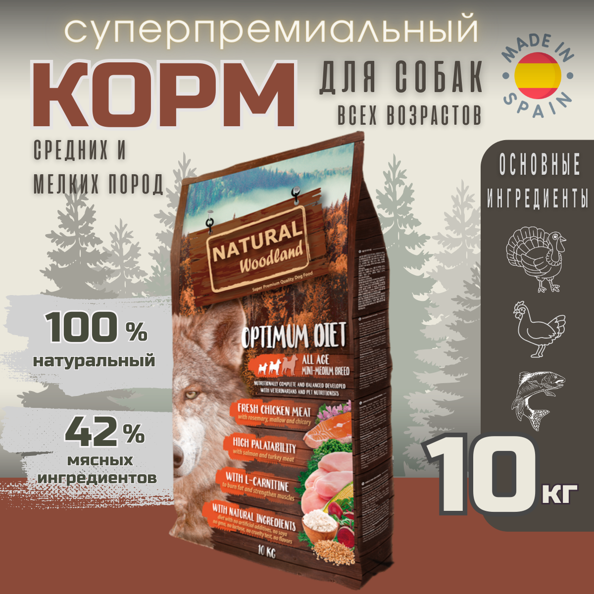 Сухой корм Natural Woodland Optimum 10 кг для небольших собак всех возрастов (щенки, взрослые, пожилые), сжигание жира, укрепление мышц и суставов, индейка с курицей