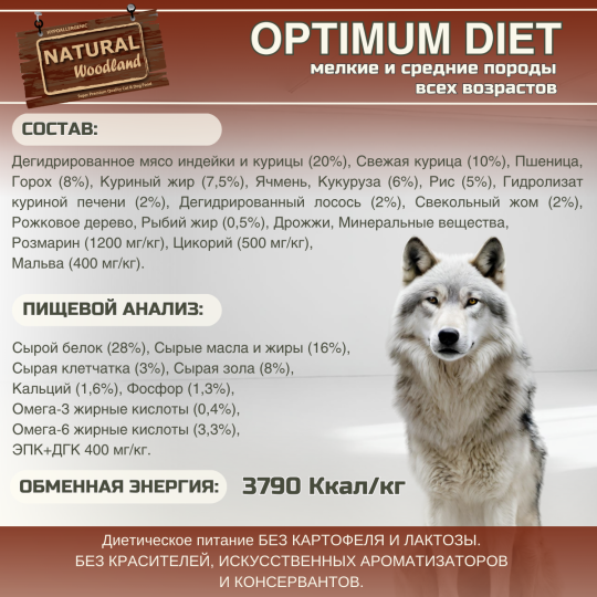 Сухой корм Natural Woodland Optimum 10 кг для мелких и средних собак всех возрастов (щенки, взрослые, пожилые), сжигание жира, укрепление мышц и суставов, индейка с курицей