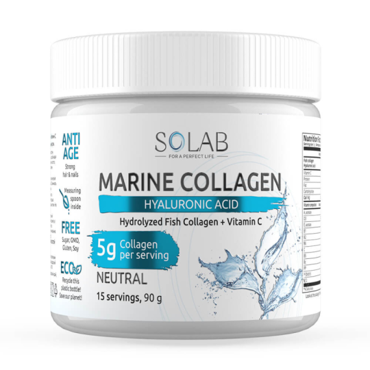 SOLAB/ Морской Коллаген + Витамин С + Гиалуроновая кислота, Sea Collagen + Hyaluronic Acid + Vitamine C, Вкус: Нейтральный, 15 порций