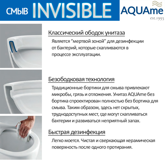 Унитаз подвесной AQUAme (арт.AQM2002PRO), 50x37, безободковый, смыв Invisible, с сиденьем soft close, смыв торнадо