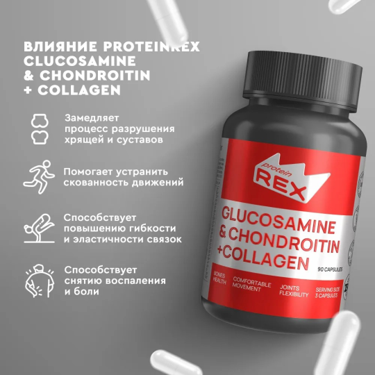 Глюкозамин Хондроитин + Коллаген ProteinRex 90 капсул, БАД для кожи и связок, хондропротектор спорт питание