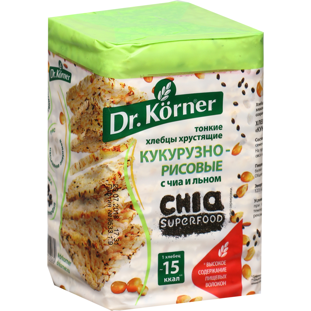 Хлебцы ку­ку­руз­но-ри­со­вые «Dr.Korner» с чиа и се­ме­на­ми льна, 100 г
