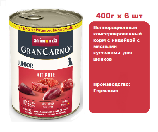 Консервы для собак Animonda  Gran Carno Fleisch Junior с индейкой (400г х 6шт)