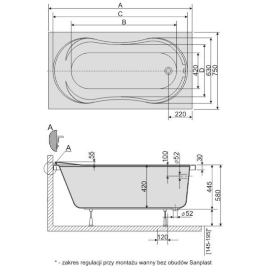 Ванна «Sanplast» WP/CL 75x170+ST4