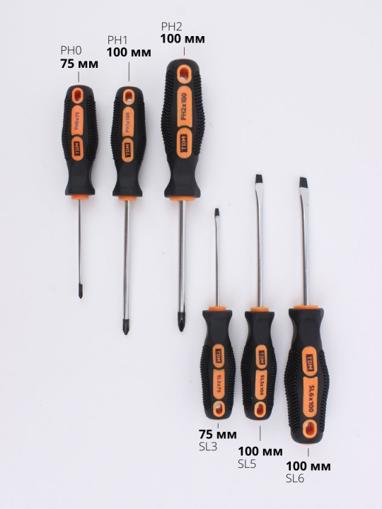 Набор отверток 6шт: SL:3x75, 5x100, 6х100, PН:0x75, 1x100, 2х100 (пласт.чемодан), CR-V  "Алмаз" TDM SQ1013-0205