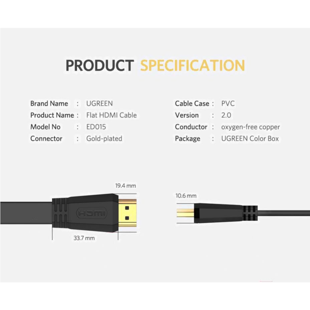 Кабель «Ugreen» HDMI Flat Cable, ED015, black, 70159, 2 м