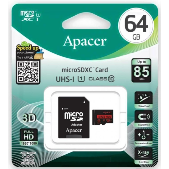 Карта памяти «Apacer» Class 10 UHS-I 64GB + SD Adapter, AP64GMCSX10U5-R