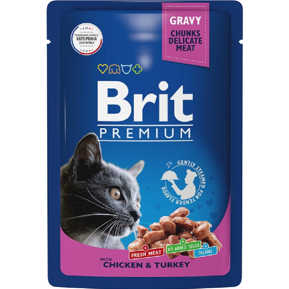 УП. Корм для кошек «Brit» Premium, для взрослых кошек,  цыпленок, индейка в соусе, 14х85 г