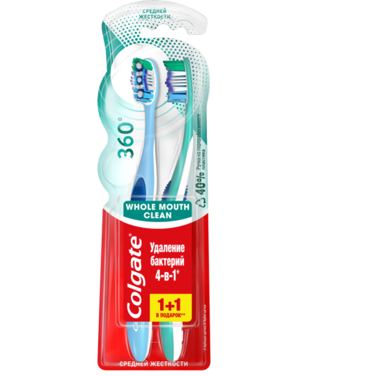 Зубная щетка «Colgate» 360° су­пер­чи­сто­та, средней жесткости, 2 шт