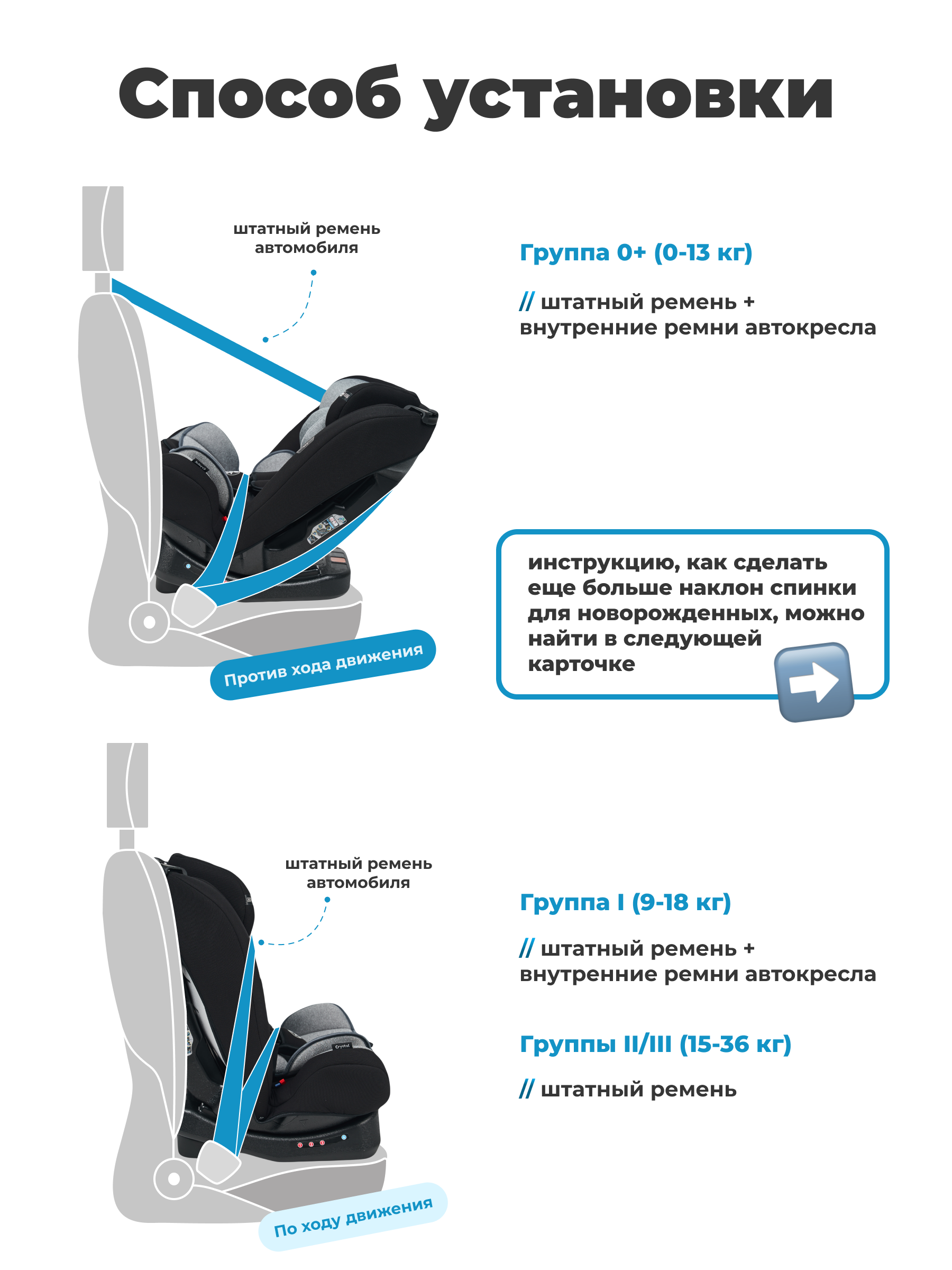 Автокресло детское Crystal 0-36 кг штатные ремни, растущее