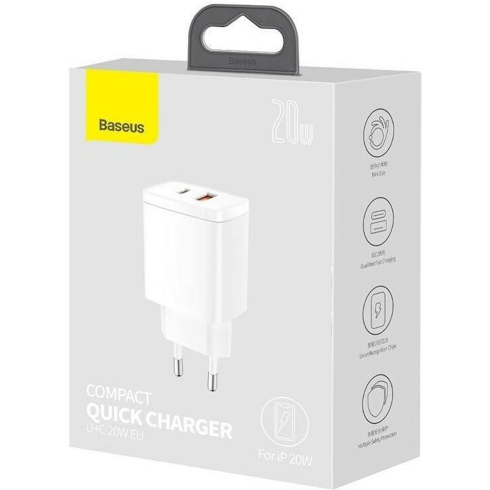 Сетевое зарядное устройство «Baseus» Compact Quick Charger U+C 20W EU White, CCXJ-B02