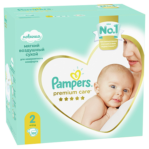 Подгузники детские Pampers Premium Care, размер 2, 4-8 кг,102шт.