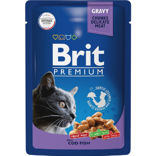 Уп.Корм для кошек «Brit» Premium, для взрослых кошек, 5048847, треска в соусе, 14х85 г