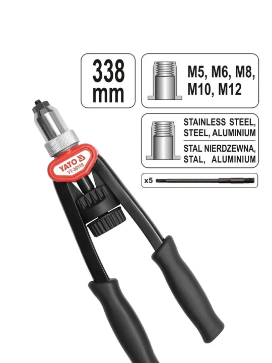 Заклепочник резьбовой двуручный М5-M12 L338мм Yato YT-36119