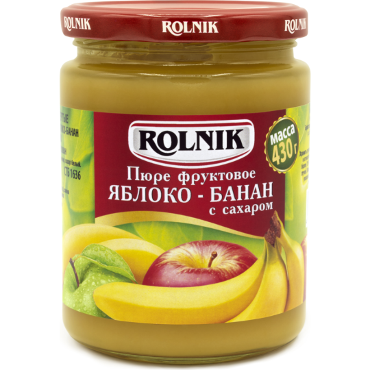 Пюре фруктовое «Rolnik» яблоко-банан с сахаром, 430 г