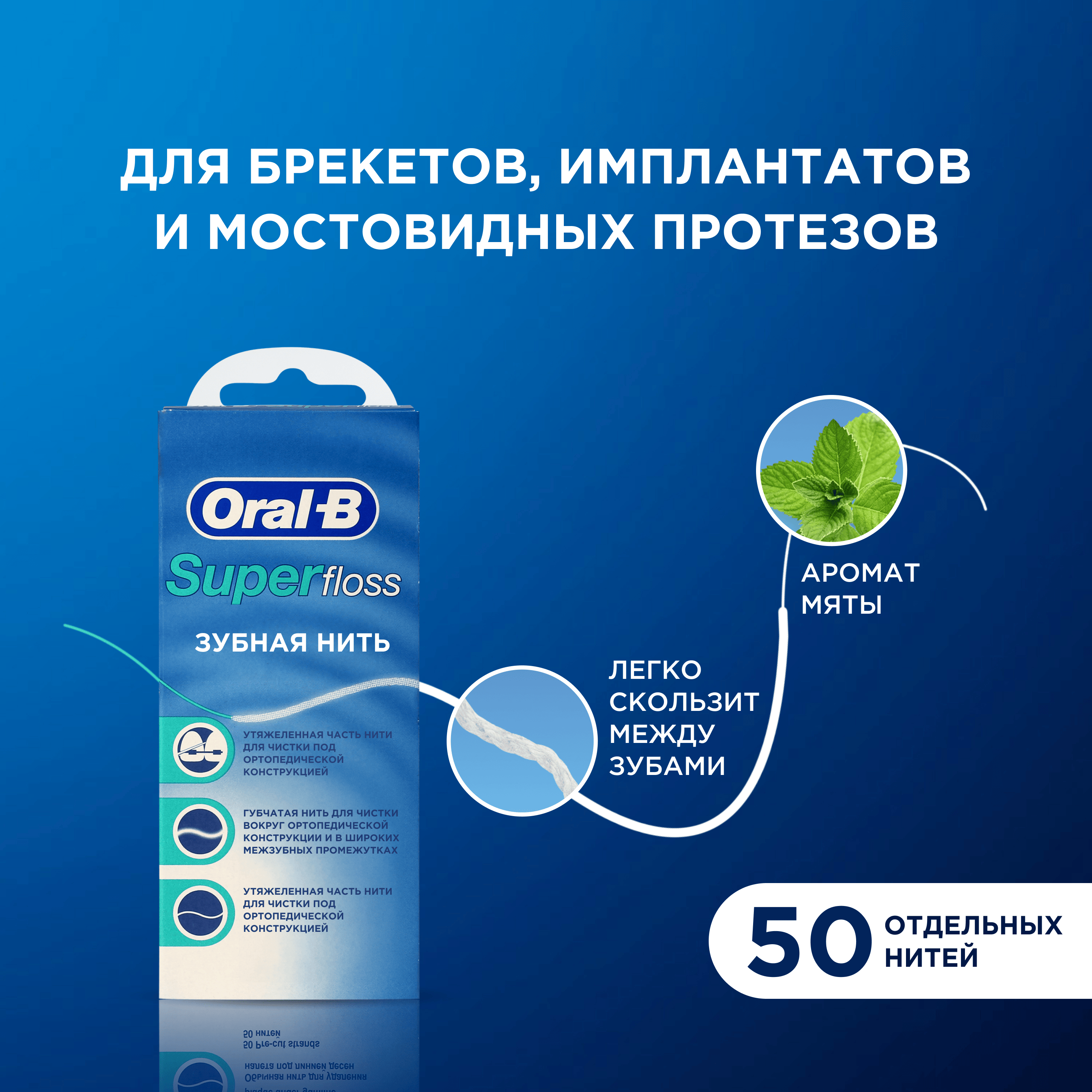 Зубная нить / нитка ортодонтическая Oral-B Super Floss 50 шт.