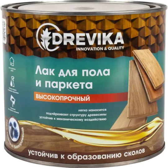 Паркетный лак «Drevika» 3 459, алкидный, глянцевый, 1.8 кг