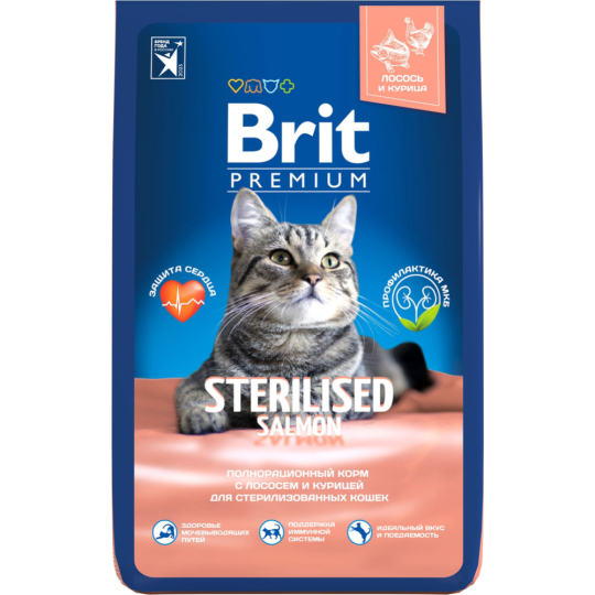 Корм для кошек «Brit» Premium, Sterilized Salmon&Chicken, для стерилизованных, с курицей и лососем, 5049868 8 кг