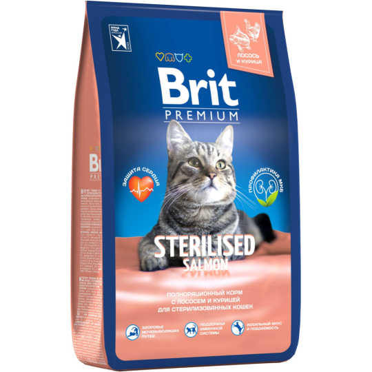 Корм для кошек «Brit» Premium, Sterilized Salmon&Chicken, для стерилизованных, с курицей и лососем, 5049868 8 кг