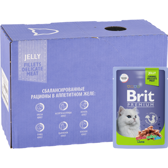 Уп.Корм для кошек «Brit» Premium, для взрослых кошек, ягненок в желе, 14х85 г