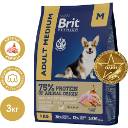 Корм для собак «Brit» Premium, Adult Medium, для сред­них пород, с ку­ри­цей, 5049950, 3 кг