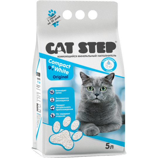 Наполнитель для туалета «Cat Step» Compact White Original, минеральный комкующийся, 20313008 5 л