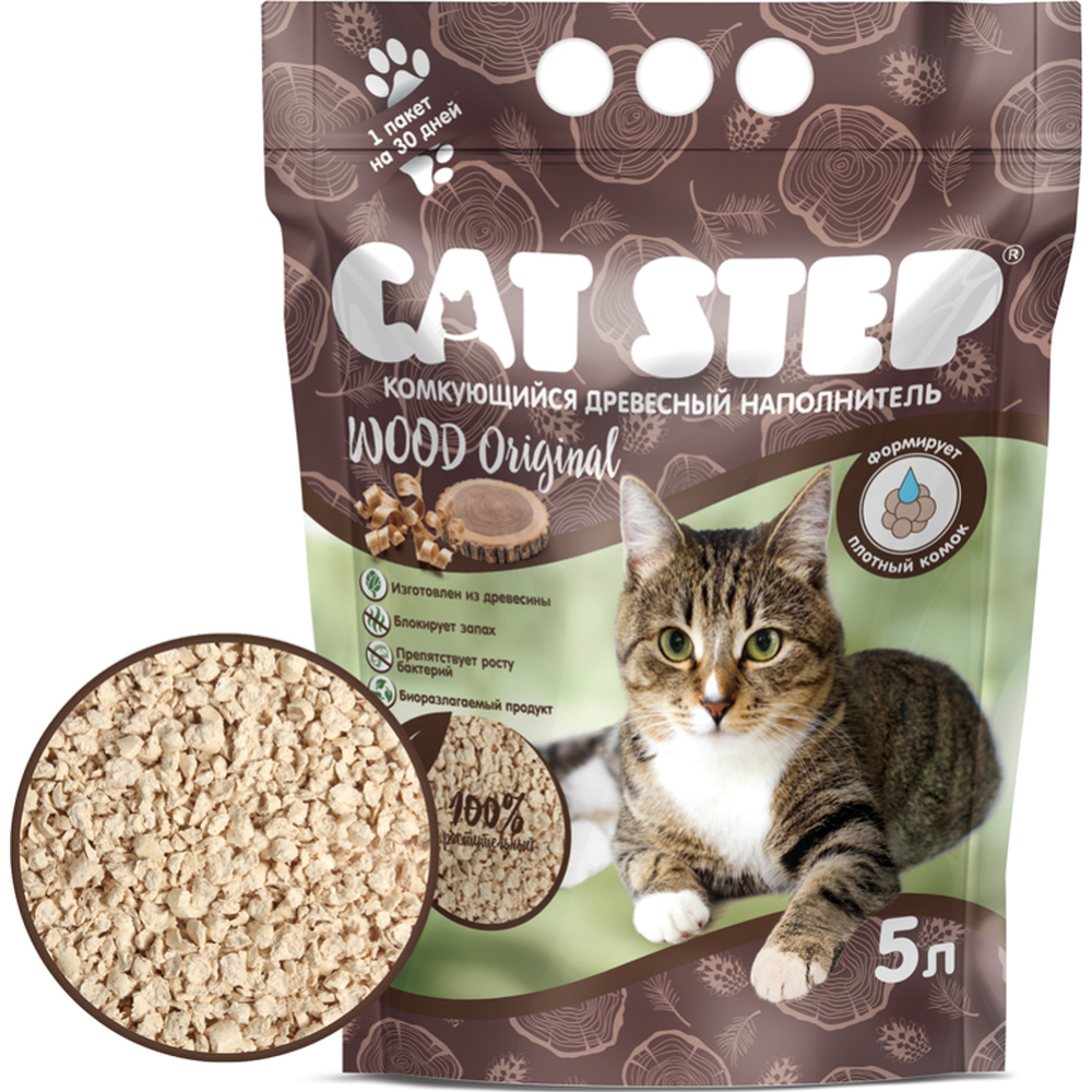 Наполнитель для туалета «Cat Step» CAT STEP Wood Original, комкующийся, древесный растительный, 20323001, 5 л #1