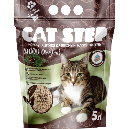 Наполнитель для туалета «Cat Step» CAT STEP Wood Original, комкующийся, древесный растительный, 20323001, 5 л